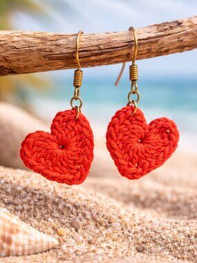Handmade Crochet Heart Earrings | Red Boho Dangle Earrings | Jewelry Gift